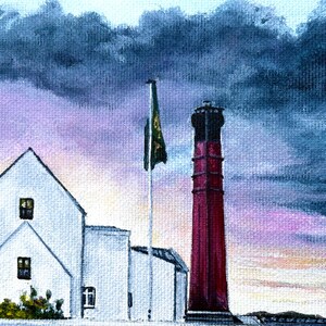 May include: An oil painting depicts a coastal scene with a white building and a tall, red lighthouse. A green and gold flag flies in the wind. The sky is a mix of purple, blue, and gray, suggesting a stormy day.