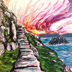 May include: A painting of a stone staircase leading up a cliffside towards a dramatic pink and orange sunset over a body of water. The sky is filled with swirling clouds and the water is a deep blue.
