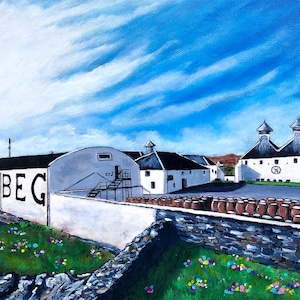 May include: A painting of the Ardbeg Distillery on the Isle of Islay, Scotland. The white buildings are set against a blue sky with white clouds. The distillery is known for its peaty and smoky single malt Scotch whisky.