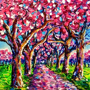 May include: A painting of a path lined with trees in full bloom. The trees have pink and white flowers and the path is a vibrant mix of purple, pink, and blue.