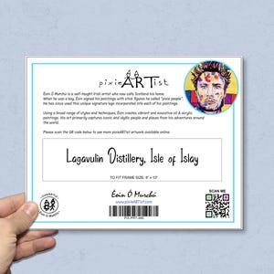 May include: A white card with the text "Lagavulin Distillery, Isle of Islay" and a portrait of a man. The card also includes the text "pixie ARTist" and a QR code. The card is held by a hand.