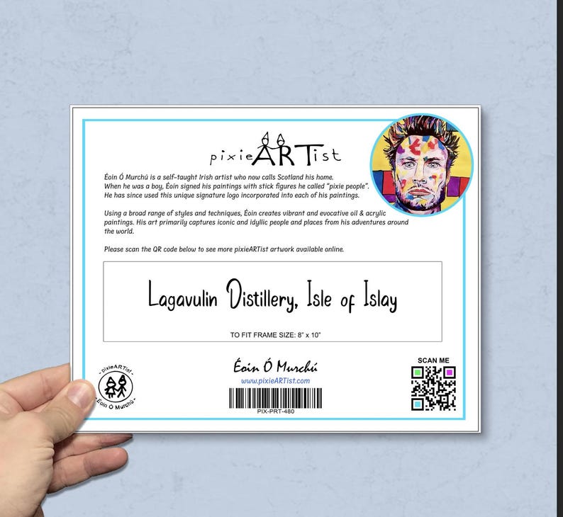 May include: A white card with the text "Lagavulin Distillery, Isle of Islay" and a portrait of a man. The card also includes the text "pixie ARTist" and a QR code. The card is held by a hand.