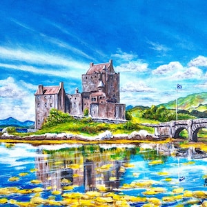 May include: A painting of a stone castle on a small island with a bridge leading to it. The castle is reflected in the water, which is surrounded by green hills and a blue sky with white clouds.