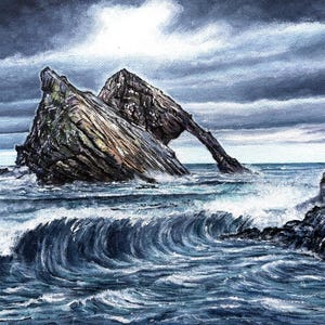 May include: An oil painting depicts a dramatic seascape with a large rock formation arching over the ocean. The sky is filled with dark, stormy clouds, and the waves crash against the rocks. The artwork is signed and dated 2020.