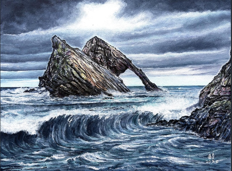 May include: An oil painting depicts a dramatic seascape with a large rock formation arching over the ocean. The sky is filled with dark, stormy clouds, and the waves crash against the rocks. The artwork is signed and dated 2020.