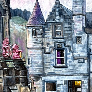 May include: A watercolour painting of a stone building with a purple-roofed turret and multiple windows. The building has a light blue and grey colour scheme, with a pink sky in the background. Two pink statues are visible on the left side of the building.