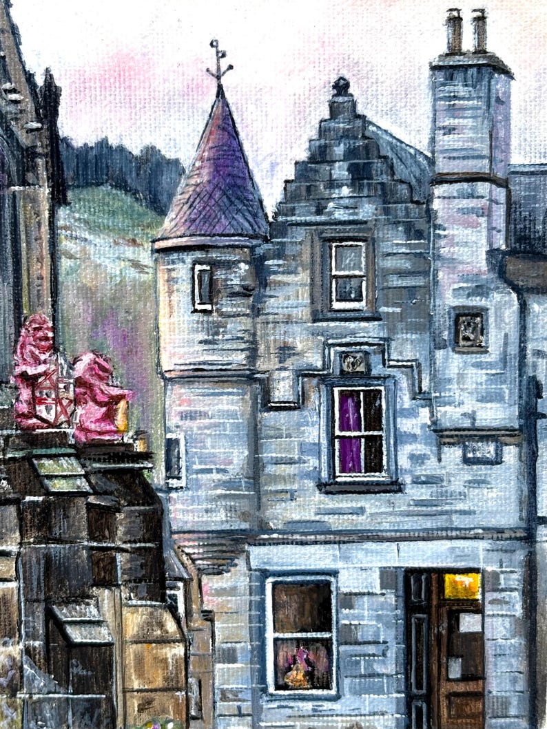 May include: A watercolour painting of a stone building with a purple-roofed turret and multiple windows. The building has a light blue and grey colour scheme, with a pink sky in the background. Two pink statues are visible on the left side of the building.