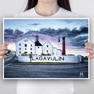May include: A watercolor painting of the Lagavulin distillery, featuring white buildings, a red smokestack, and the text "LAGAVULIN" on a white wall. The sky is a mix of blue and purple hues.