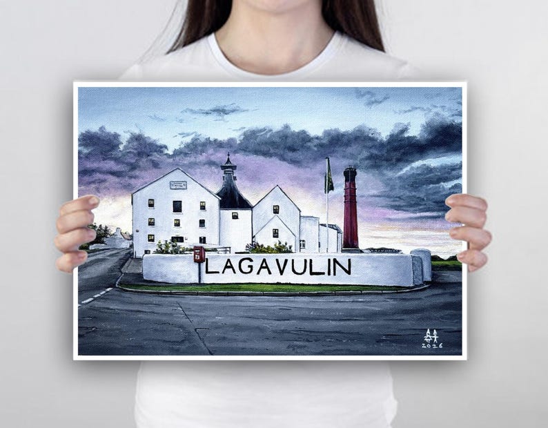 May include: A watercolor painting of the Lagavulin distillery, featuring white buildings, a red smokestack, and the text "LAGAVULIN" on a white wall. The sky is a mix of blue and purple hues.