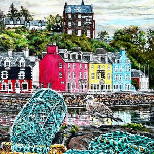 May include: A painting of a seaside town with colorful buildings, a seagull perched on a rock, and fishing nets in the foreground. The text "Western Isles Hotel" is visible on one of the buildings.