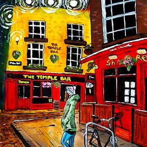 May include: A painting of a street scene in Dublin, Ireland. The Temple Bar pub is on the left side of the image, with a red building on the right. A person in a green jacket and blue jeans is walking down the street. The sky is dark blue with white stars and white circles.
