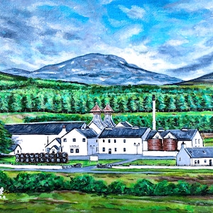 May include: A painting of a white building with a sign that reads "Dalwhinnie Distillery". The building is surrounded by green trees and a mountain in the background. The sky is blue with white clouds.