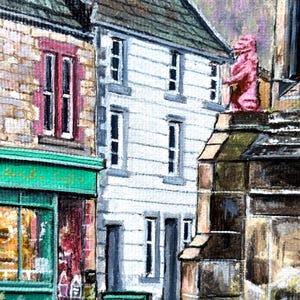 May include: A detailed oil painting of a street scene with buildings of different heights and styles. The buildings have stone and white facades, with green and red details. A pink statue is visible on one building's roof.