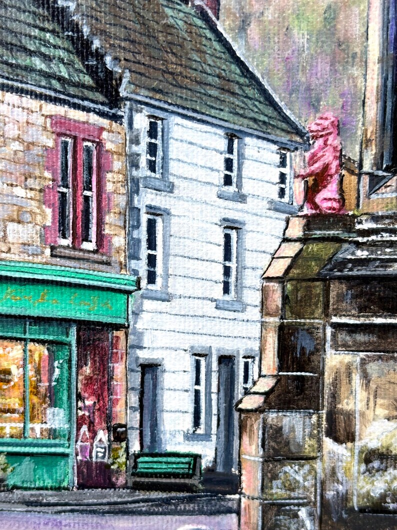 May include: A detailed oil painting of a street scene with buildings of different heights and styles. The buildings have stone and white facades, with green and red details. A pink statue is visible on one building's roof.