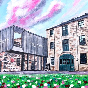 May include: A painting of a distillery building with a sign that reads "Holyrood Distillery". The building is made of stone and has a green door. There is a field of flowers in the foreground.