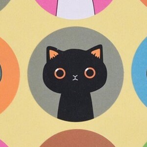 May include: A black cat with orange ears and a gray background. The cat has large, round eyes and a small, pink nose.