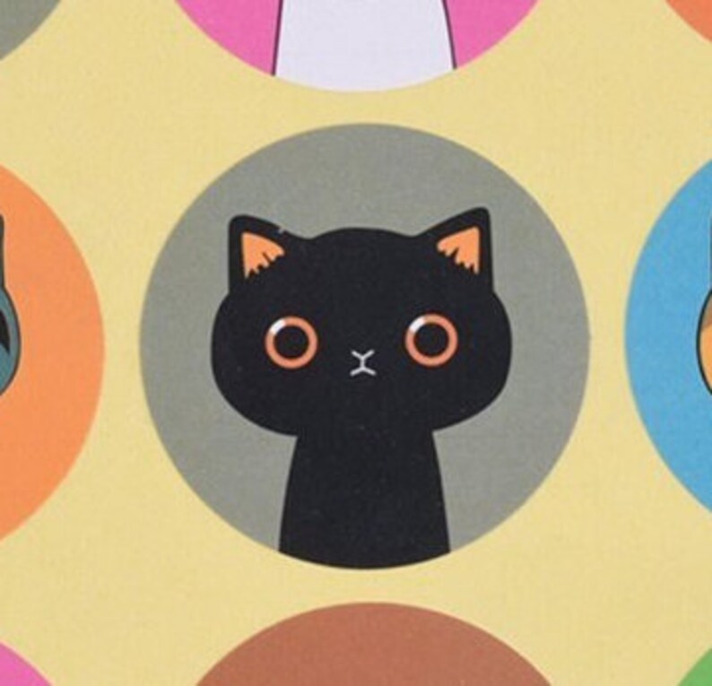 May include: A black cat with orange ears and a gray background. The cat has large, round eyes and a small, pink nose.