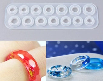 Ring Mould, 14 Rings, 7 Smooth Style & 7 Faceted Style, Resin Casting Silicone Mold, UV Resin, Epoxy Resin, DIY Jewellery, UK Shop