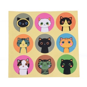 May include: Nine colorful round stickers with different cartoon cats. Each sticker features a cat with a unique expression and color scheme. The stickers are perfect for adding a touch of whimsy to notebooks, journals, or other items.