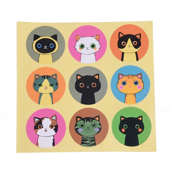 Cat Stickers, Kitten Craft Labels, 40mm Round Cartoon Stickers, Scrapbook, Diary, Stationary, UK Shop