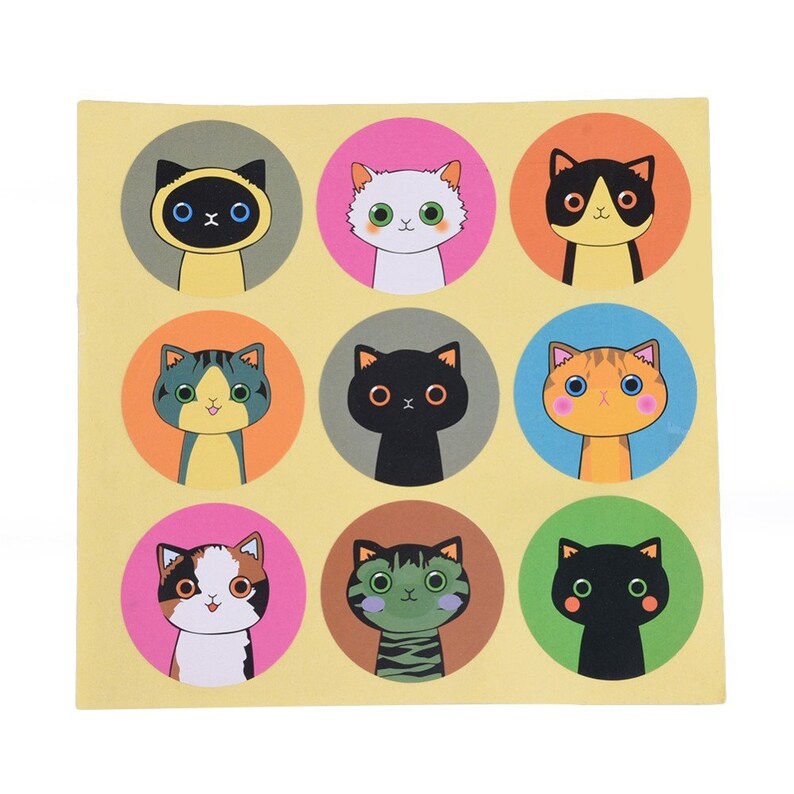 May include: Nine colorful round stickers with different cartoon cats. Each sticker features a cat with a unique expression and color scheme. The stickers are perfect for adding a touch of whimsy to notebooks, journals, or other items.