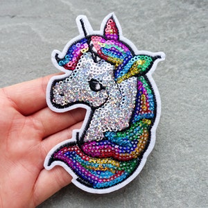Unicorn Patch, Large Rainbow Sequin Embroidered Patch, Cloth Applique, Iron On or Sew On, Clothes Badge, UK Shop