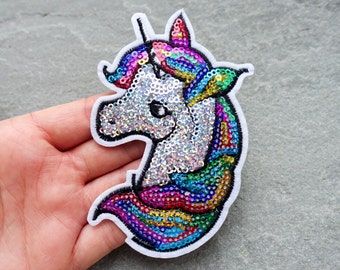 Unicorn Patch, Large Rainbow Sequin Embroidered Patch, Cloth Applique, Iron On or Sew On, Clothes Badge, UK Shop