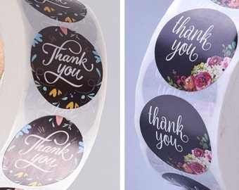 Thank you Stickers, Roll of 500 Black Floral Craft Paper Labels, 25mm Round Flowers Purchase Stationary, UK Shop