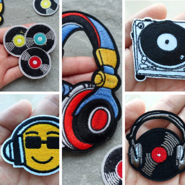 Music DJ Patch, Vinyl, Headphones, Deck, Embroidered Cloth Appliques, Iron On or Sew On, Costume Accessories, Clothes Badge, UK Shop
