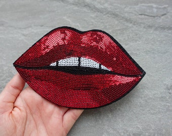 Lips Patch, Red Sequin Lips, Large Embroidered Cloth Applique, Iron On or Sew On, Clothes Badge, UK Shop