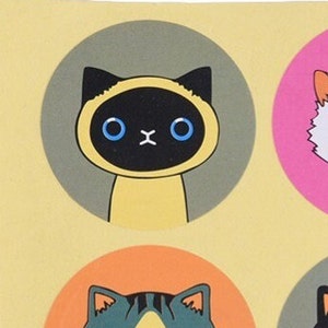 May include: A set of six round stickers featuring cartoon cats with different expressions. The stickers are on a yellow background.
