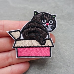 Cat Patch, Kitten in a Box Embroidered Applique, Funny Kitty Cloth Patch, Iron On or Sew On, Clothes Badge, UK Shop