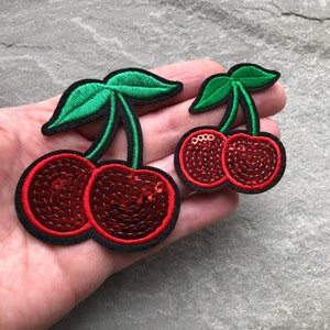 Cherry Patch, Sequin Embroidered Cherries, Choice of Large or Small, Cloth Applique, Sew On or Iron On, Clothes Badge, UK Shop