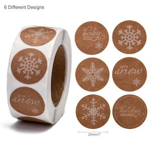 Autocollants de Noël, 50 en vrac ou rouleau de 500, flocons de neige, laissez-le neiger, étiquettes cadeaux en papier kraft marron, achat rond de 25 mm, boutique au Royaume-Uni