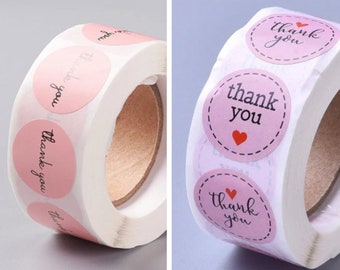 Thank You Stickers, Roll of 500 Pink Craft Paper Labels, 25mm Round Purchase Stationary, With Love, Hearts UK Shop