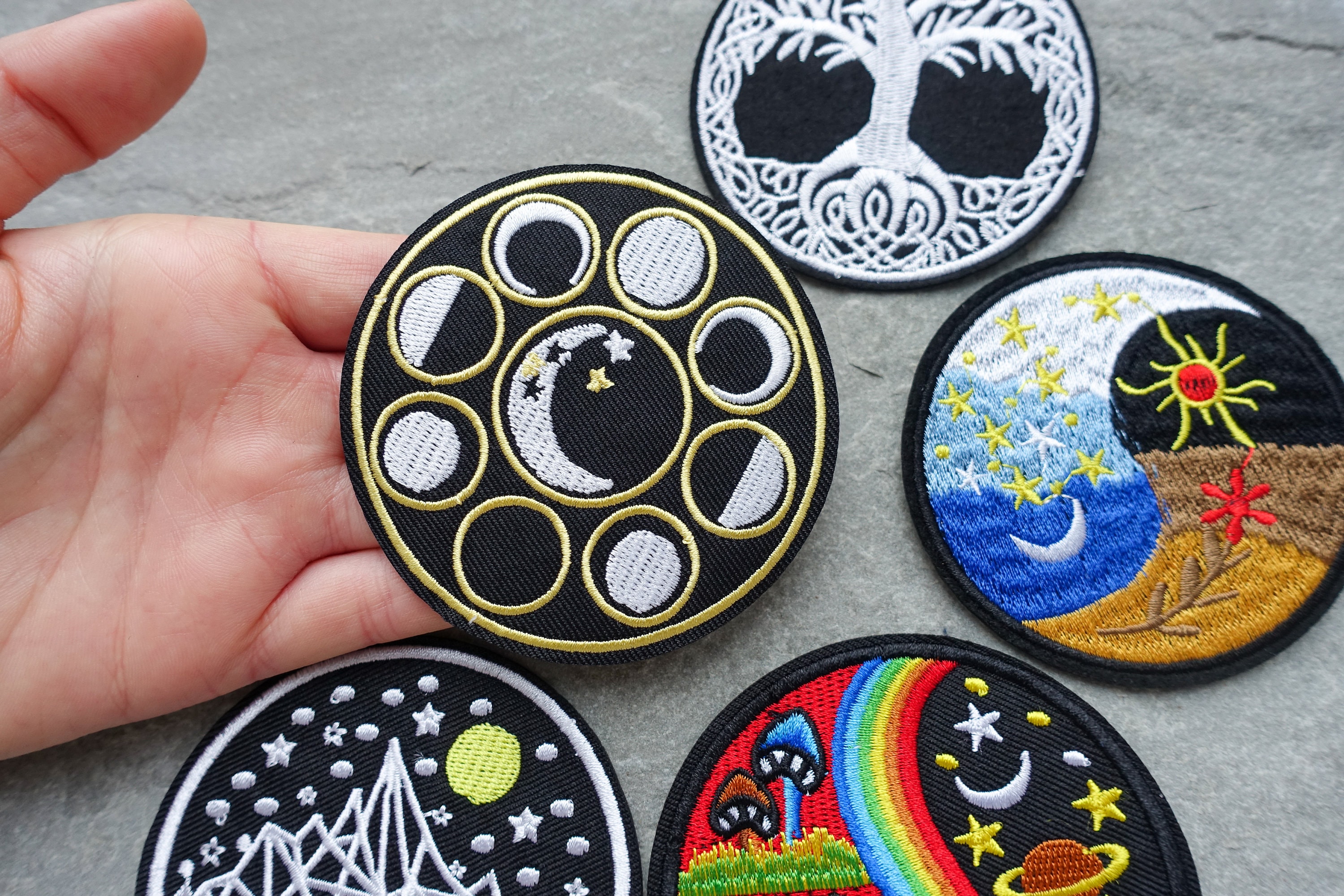 Spiritual Patch, Tree of Life, Moon Phase, Mountain & Star, Rainbow, Day after Night, Embroidered Applique, Iron On or Sew On Badge, UK Shop