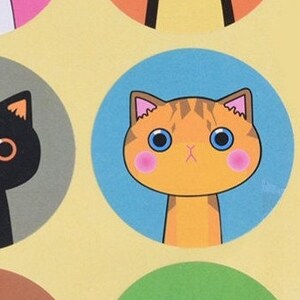 May include: A sticker featuring a cartoon orange tabby cat with blue eyes and pink cheeks. The cat is on a blue background.