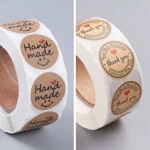 Hand Made With Love Stickers, Thank you Labels, Craft Brown Paper, 25mm Round Purchase Stickers, Retail Stationary, UK Shop