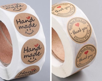 May include: Roll of brown kraft paper stickers with the text "Hand made" and a smiley face, and "Thank you" with a red heart.