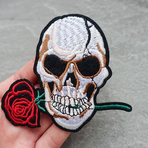 Skull Patch, Skull and Rose, Embroidered Cloth Applique, Sew On or Iron On, Clothes Badge, UK Shop