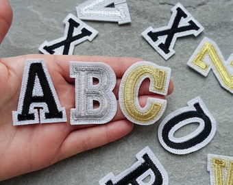A to Z Alphabet Patch, Embroidered Letter Applique, 45 mm Patch, Iron On or Sew On, Black, Gold & Silver Colours, Clothes Badge, UK Shop
