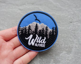 Wild & Free Patch, Embroidered Outdoor Camping Applique, Iron On or Sew On, Adventure Hiking Clothes Badge, UK Shop