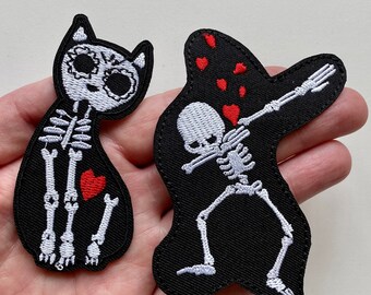 Skeleton Patch, Cat Patch, Embroidered Iron On Clothes Badge, UK Shop