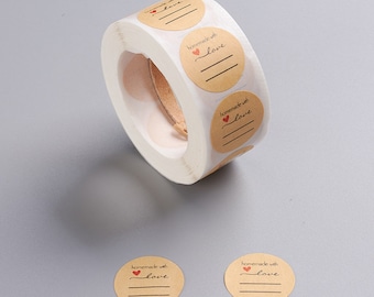 May include: Roll of brown round stickers with the text "homemade with love" and a small red heart. Two individual stickers are also shown.