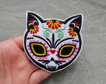 Cat Patch, Sugar Skull Embroidered Patch, Calavera Cloth Applique, Sew On Iron On, Clothes Badge, UK Shop