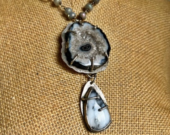 Sterling silver druzy labradorite statement necklace The Wind Was Strong But She Was Fierce Artisan Gray Blue Handmade