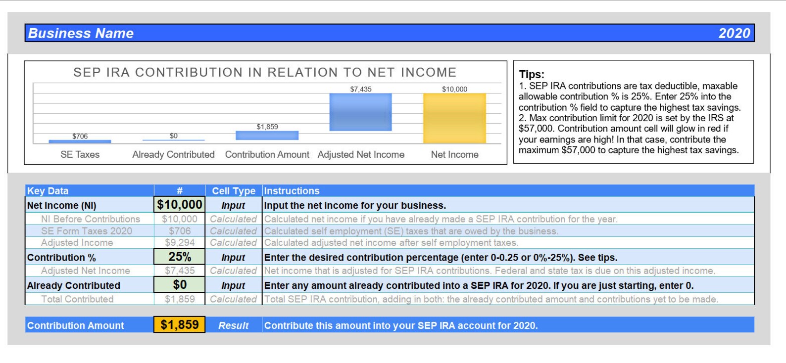SEP IRA Contribution Calculator 2020 Etsy