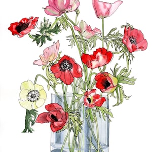 Red and White Anemones, Floral Bouquet, Botanical illustration, Original Watercolor Painting