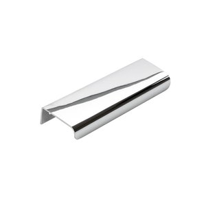 May include: A polished chrome cabinet pull with a rectangular shape and rounded edges.