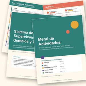 May include: A digital printable PDF set titled Rutina Diaria + 50 Actividades featuring a daily routine and activity menu for children aged 2 to 5. The documents are teal, white, and orange with text in Spanish, including lists of activities.